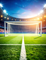 A soccer goal stands in a brightly lit stadium at sunset