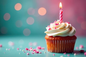 Birthday cupcake with bokeh lights, elegant background, ample copy space , shadow, romantic