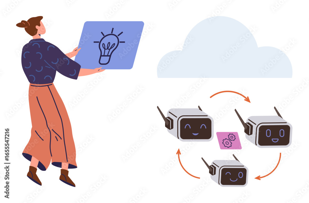 Poster woman showcasing light bulb card while robots exchange data in cloud system. ideal for ai, automatio
