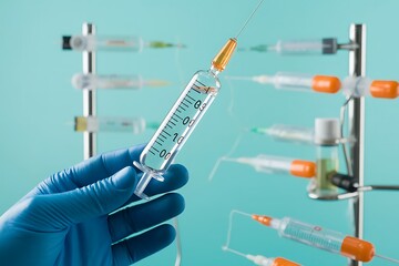 Hand in blue glove holding a glass syringe with orange tip, multiple syringes in background image photo
