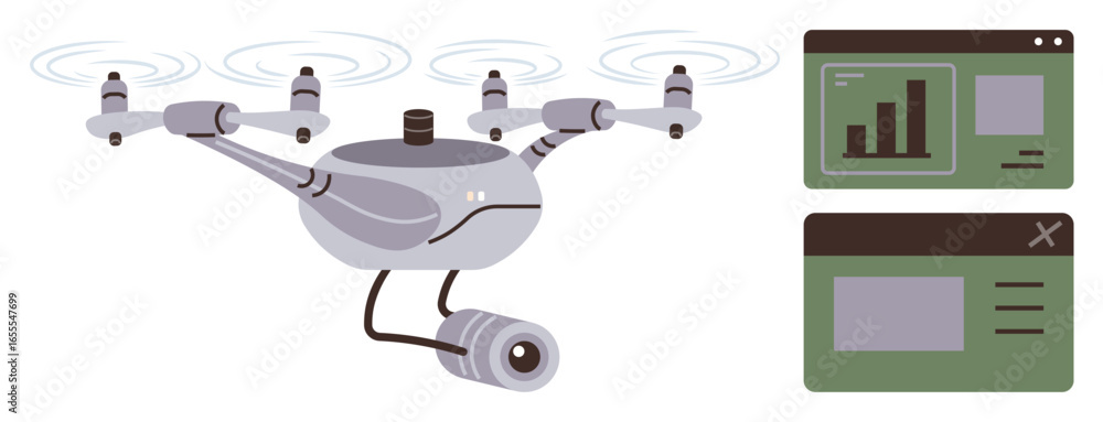 Poster drone with camera capturing video, accompanied by two data analytics dashboard screens displaying ch