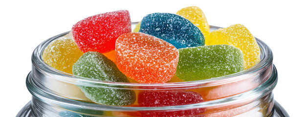 Delectable colorful gummy candies in glass jar treat temptation
