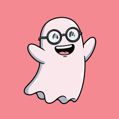Simple ghost with black glasses and raised arms on pink background, blending classic spookiness with playful charm.