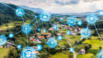 Aerial view of a village with overlaid network connections - Powered by Adobe