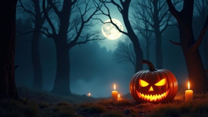 Spooky Jack O Lantern Halloween Night Forest