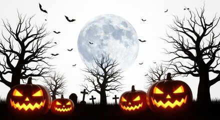 Fototapeta premium Halloween Night with Glowing Pumpkins, Bats Flying, Full Moon