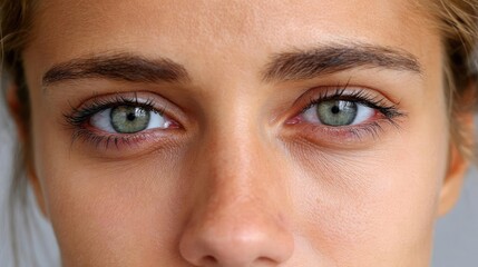 Fototapeta premium Swollen eyelids with bags and fatigue concept. Close-up portrait showcasing striking green eyes and natural beauty.