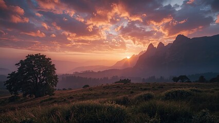 Dramatic sunset over a mountain range.