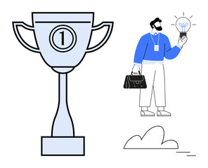 Trophy with number one, man holding lit light bulb and briefcase, cloud. Ideal for success, innovation, leadership, creativity, motivation achievement inspiration. Simple flat metaphor