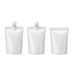 Three blank pouches for liquid product packaging isolated on transparent background