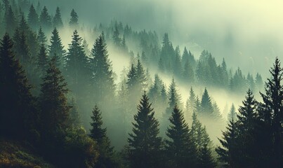 Misty mountain forest.  Dense pine trees line a sloped hillside, shrouded in a soft, pale mist. Sunlight filters through the fog, creating a ethereal, tranquil scene