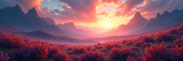 A breathtaking view of a valley at sunset.