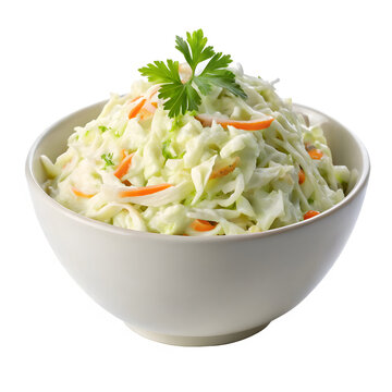 Bowl of coleslaw salad with carrots and parsley isolated on transparent background