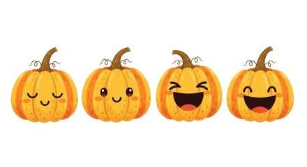 Four Cheerful Pumpkins with Smiling Faces on White, Cute Halloween Decoration, Autumn Harvest