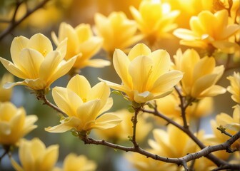 Obraz premium Yellow Magnolia Flowers in Full Bloom on Blurred Background