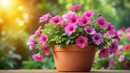 Petunia flowers in a pink pot