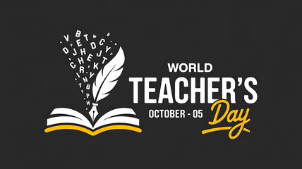 Open book with quill pen and flying letters for Teachers Day