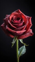 Dark red rose with a single water drop glistening on its petals against a dark black background top view