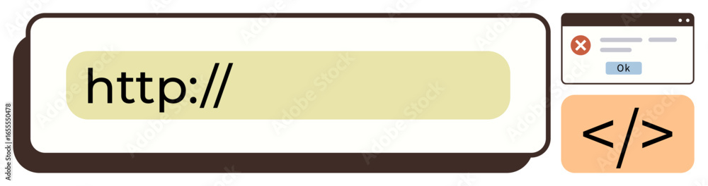 Poster url field with placeholder text, an error pop-up window, and a coding symbol representing internet u