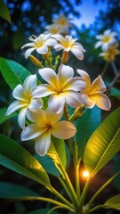 Fototapeta premium Beautifully blooming frangipani flowers emitting a sweet fragrance at night amidst lush green foliage in a tropical garden