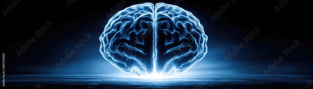 Poster brain sleep aided by mindful meditation waves concept. illuminated brain concept representing though