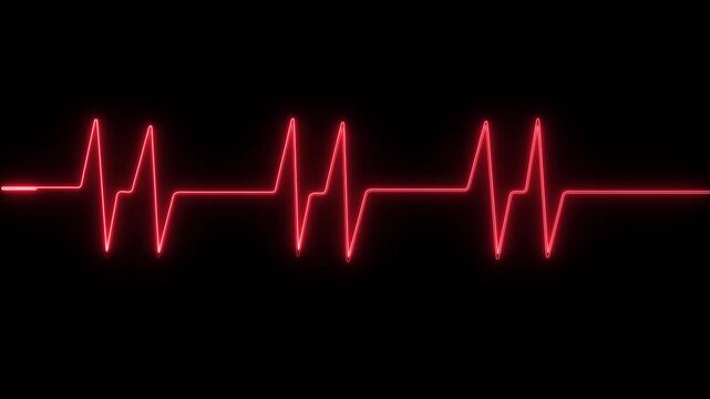 Heart shape with animated cardio pulse. Health care medical black grid background with crosses symbols of help. Looped motion graphics. neon Atrial fibrillation ECG loop animation.