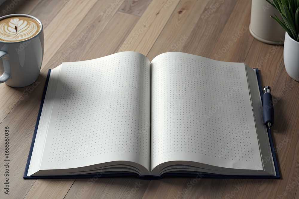 Poster open notebook with dotted grid pattern on wooden surface.