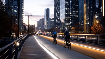 Two cyclists riding along a modern urban pathway at dusk, illuminated by city lights and skyscrapers