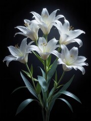 Fototapeta premium Floral arrangement of white lilies on a dark black background with X-ray style transparency