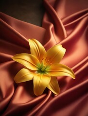 delicate golden lily flower on velvet background