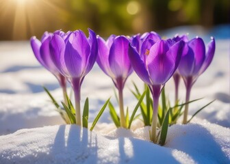 Purple crocus flowers emerge from melting snow in early spring amidst a sunny day