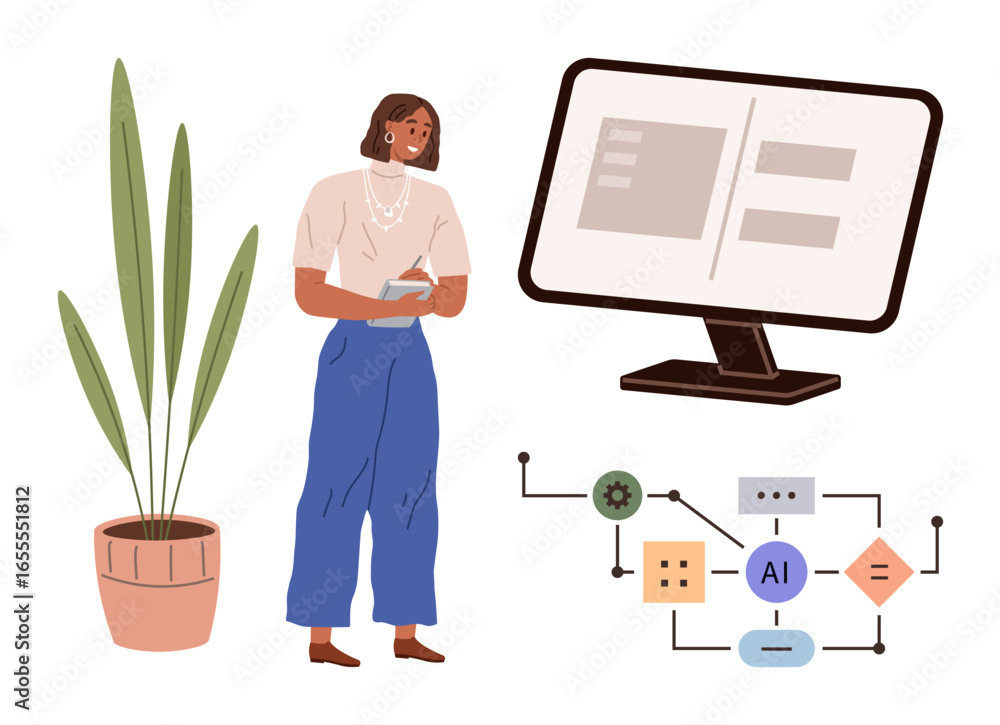 Poster woman holding a notebook near a monitor displaying a digital interface and flowchart symbols for art