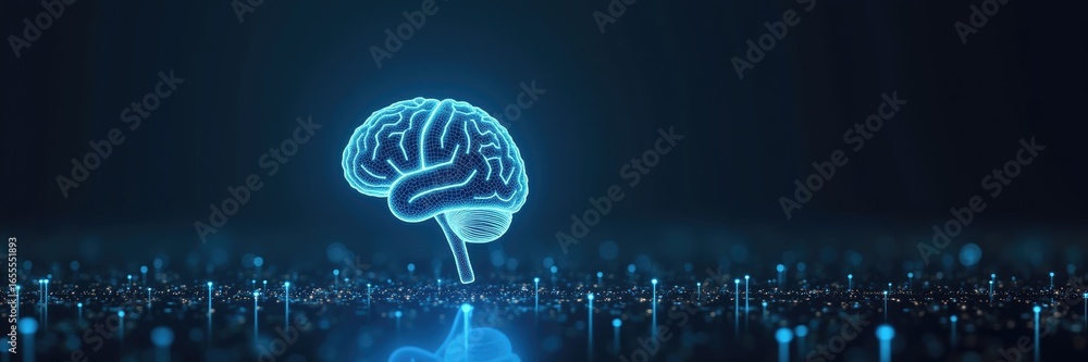 Poster digital representation of a human brain on a network background.