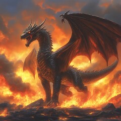 Majestic dragon amidst fiery landscape.