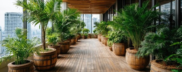 Obraz premium Lush balcony garden perfect relaxing place concept. Lush greenery adorns a modern balcony with wooden flooring.