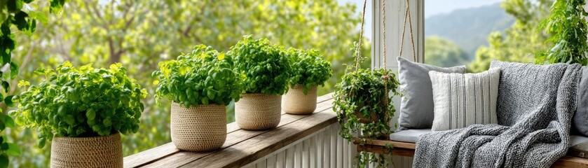 Lush balcony garden perfect relaxing place concept. Lush green plants on balcony, creating a cozy and serene atmosphere.