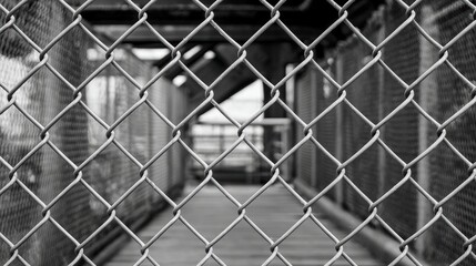 Fototapeta premium Black and white image of a chain-link fence with a wooden walkway, creating a sense of confinement and isolation