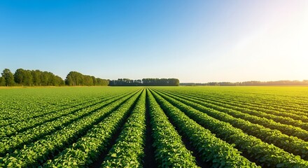 Vast green agricultural field with rows of crops under a clear blue sky