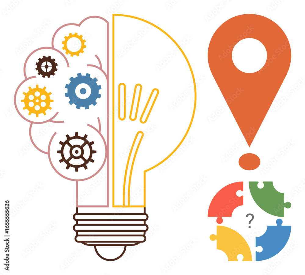 Poster half-brain, half-lightbulb with gears and a location pin next to a colorful puzzle piece. ideal for 