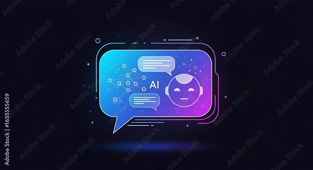 Poster illustration of ai chatbot interface with speech bubbles and robot face on dark background ai genera