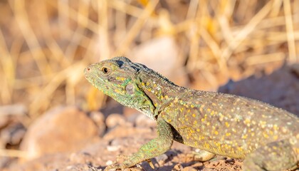 Naklejka premium A small lizard, speckled green and brown, is perched on dry earth among rocks and blurred tan grasses