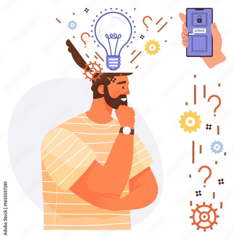 Poster man in thought surrounded by light bulb, gears, and question marks near a smartphone with lock scree