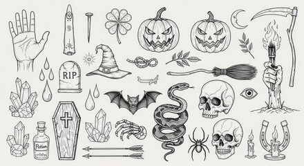 Halloween Tattoo Flash Sheet with Pumpkins, Skulls, Bat