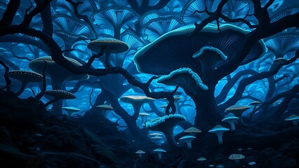 A vast blue-glowing fungal network beneath the forest floor, embodying the unseen interconnectedness of life.