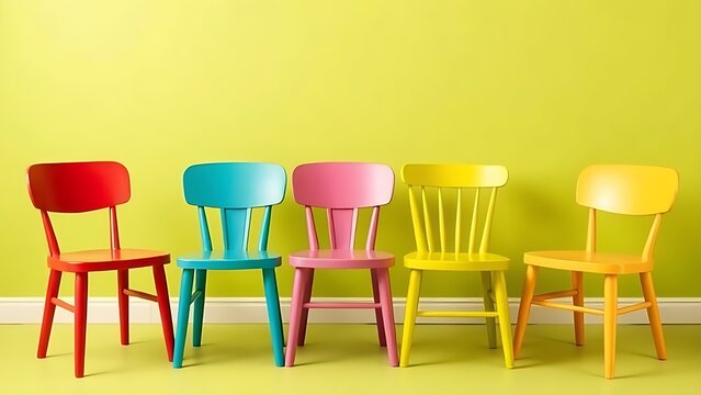 A playful arrangement of mismatched chairs in vibrant colors, representing whimsical seating dilemmas.