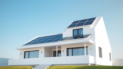 Modern white house with solar panels and clean design against a simple blue sky.