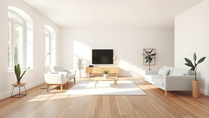 Fototapeta premium Minimalist living room with mid-century modern furniture, white walls, and wood flooring in natural light.