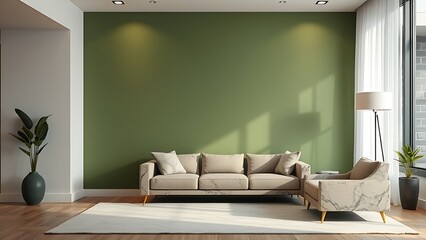 Contemporary living space with a muted green accent wall and abstract marble-textured furniture.