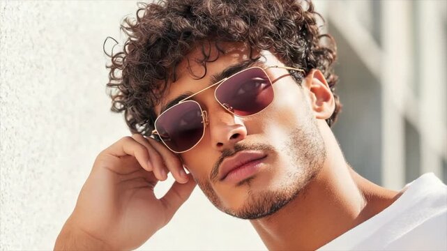 A male model wearing rectangular sunglasses with gold frames and burgundy lenses