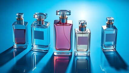Elegant glass perfume bottles arranged on an azure surface, radiating sophistication and luxury.